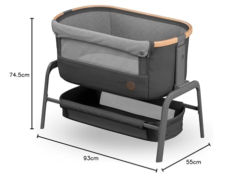 Maxi-Cosi Iora Co-Sleeper Crib, Foldable Baby Bedside Crib, 0–6 Months, max 9 kg, 4 Incline & 5 Height Positions, Easy Slide, Comfortable Mattress, Large Basket, Easy to Carry, Essential Graphite