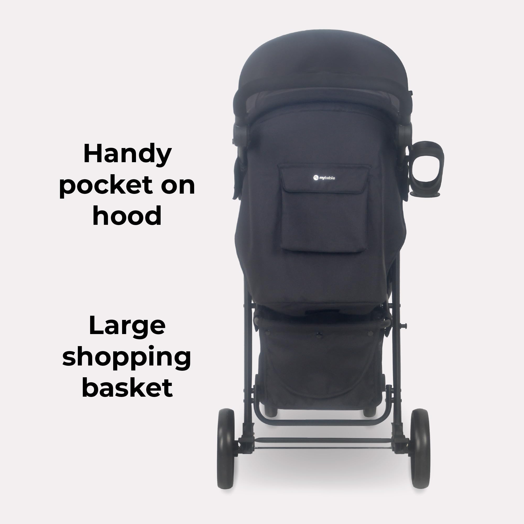 My Babiie MB30 Pushchair, From Birth to 4 Years, 22kg, Compact Fold, Large Basket, Adjustable Handle, Includes Cup Holder & Rain Cover, Black & Grey