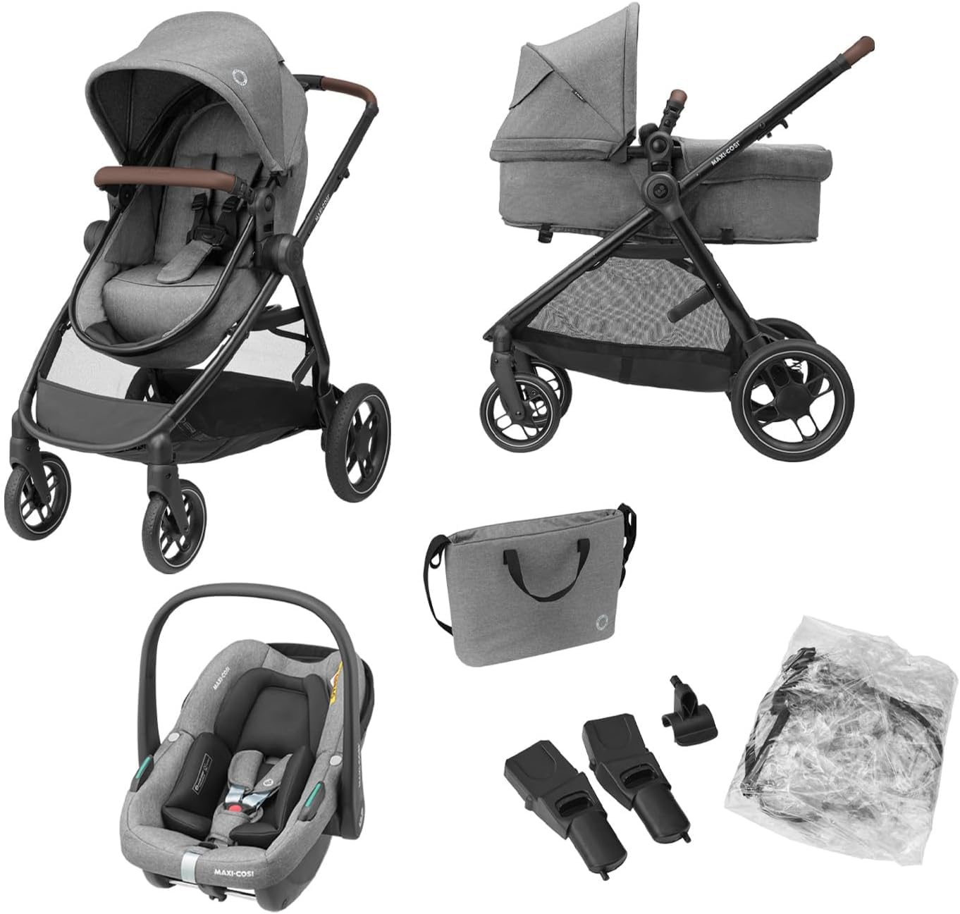 Maxi-Cosi Zelia S Trio 3-in-1 Travel System, 0-4 Years, Up to 22kg, Foldable, Compact, Reclining Pushchair, CabrioFix S i-Size Car Seat, Accessories, Grey
