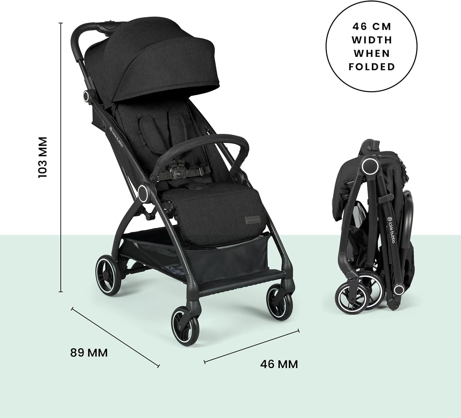 Ickle Bubba Aries Autofold Stroller, Multi-Position Recline, Auto-Fold, From Birth to 22kg, UPF 50+ Hood, Spacious Basket, Black