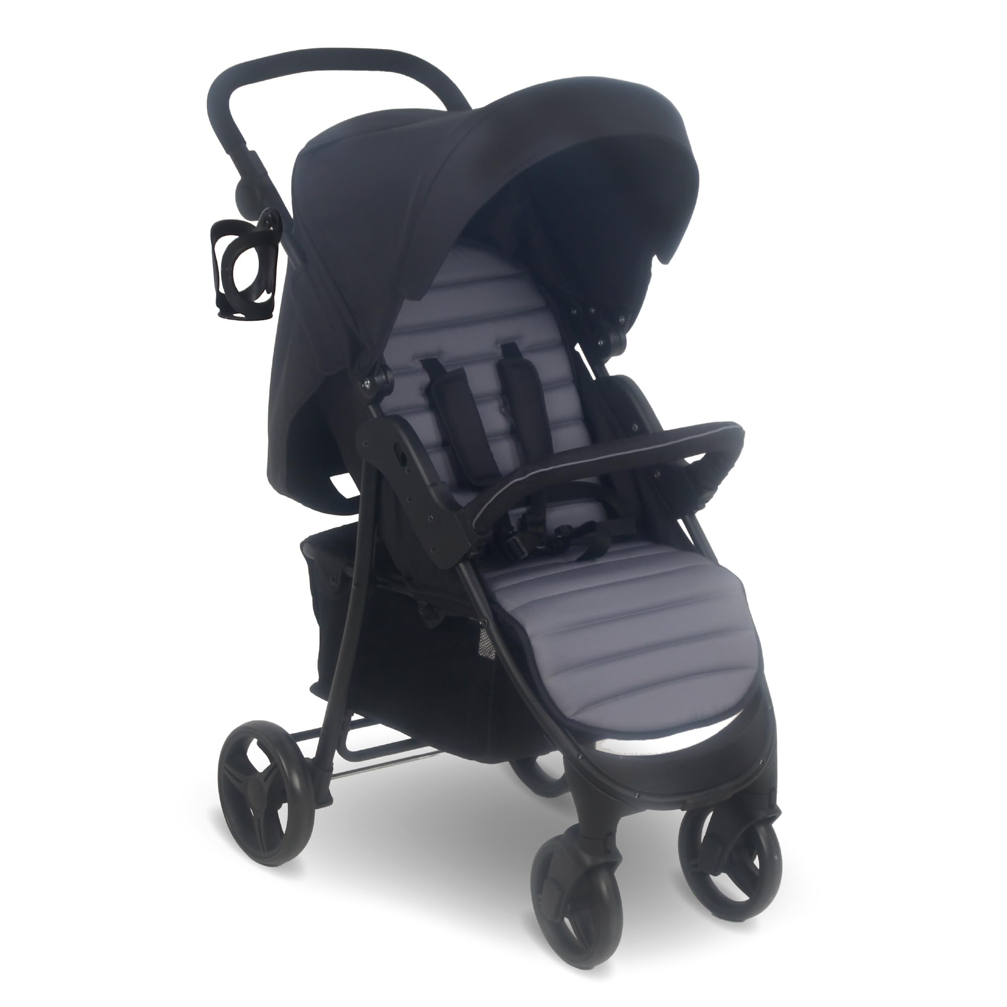 My Babiie MB30 Pushchair, From Birth to 4 Years, 22kg, Compact Fold, Large Basket, Adjustable Handle, Includes Cup Holder & Rain Cover, Black & Grey