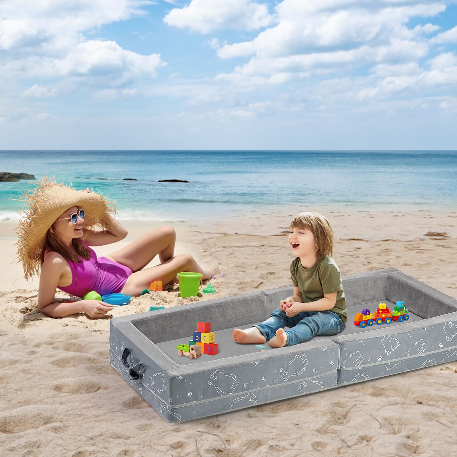 Umoving Portable Toddler Travel Bed, Foldable Soft Foam Crib with Washable Cover, Safety Rails, Compact for Travel & Home, Grey