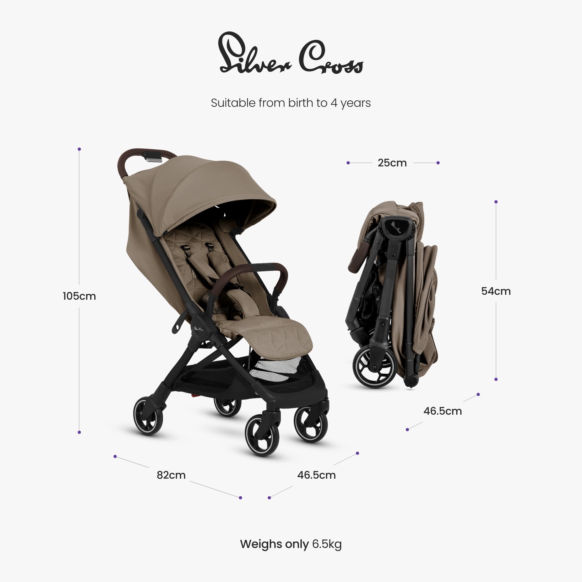 Silver Cross Clic 2 Compact Stroller & Travel Bag, Foldable & Lightweight, From Birth to 4 Years, Cobble