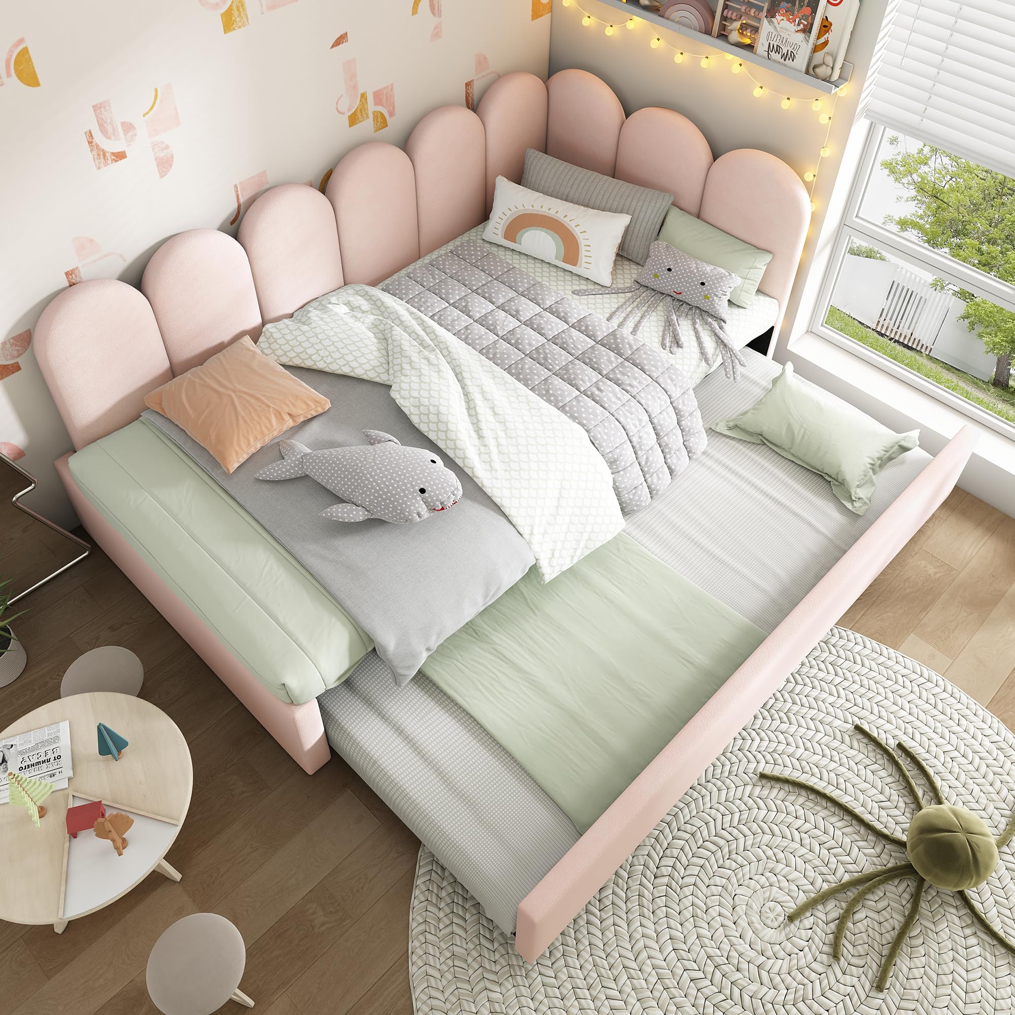 MOBETTRES Upholstered Daybed with Pull-Out Bed, 3FT Single Sofa Bed 90x190cm, Guest Bed for Adults & Kids, Metal Slatted Frame, Velvet, Pink (No Mattress)