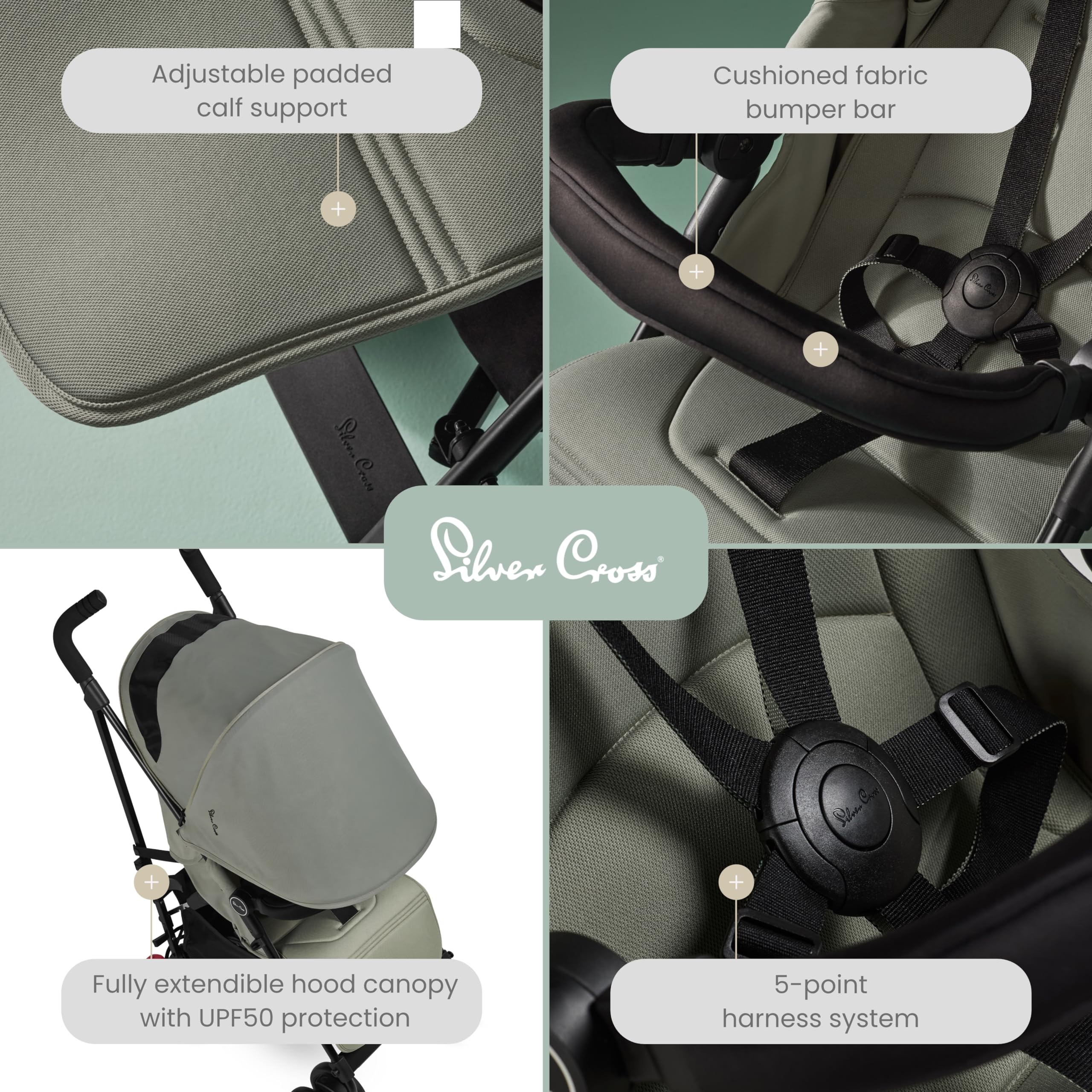 Silver Cross Pop 2 Pushchair, Foldable Travel Stroller, Adjustable/Lie Flat Seat, Newborn to 4 Years, Sage