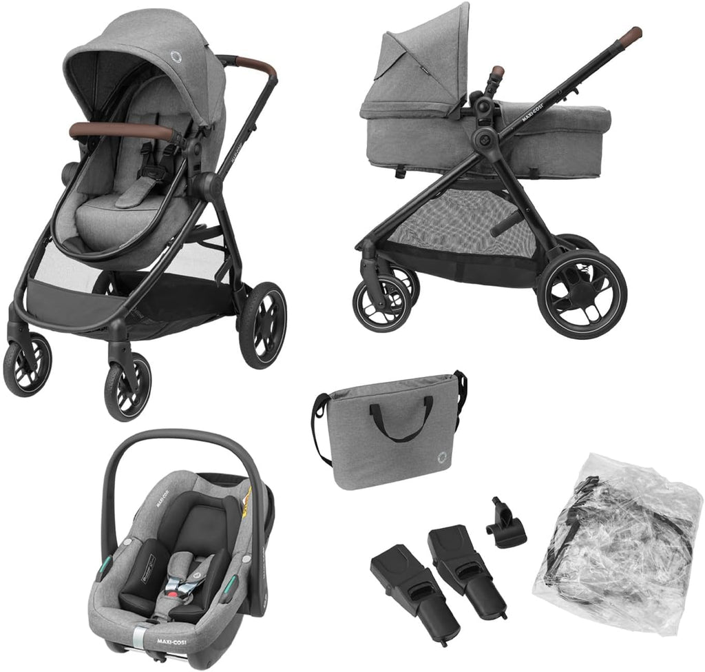 Maxi-Cosi Zelia S Trio 3-in-1 Travel System, 0-4 Years, Up to 22kg, Foldable, Compact, Reclining Pushchair, CabrioFix S i-Size Car Seat, Accessories, Grey