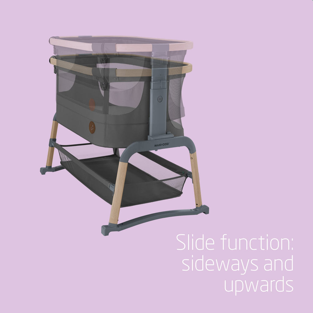 Maxi-Cosi Iora Air Co Sleeper Crib, All-Round Mesh Baby Bedside Crib, 0–6 Months (9 kg), Rocking Mode, 4 Incline & 5 Height Positions, Easy Slide, Easy to Carry, Eco Care, 2 Wheels, Beyond Graphite