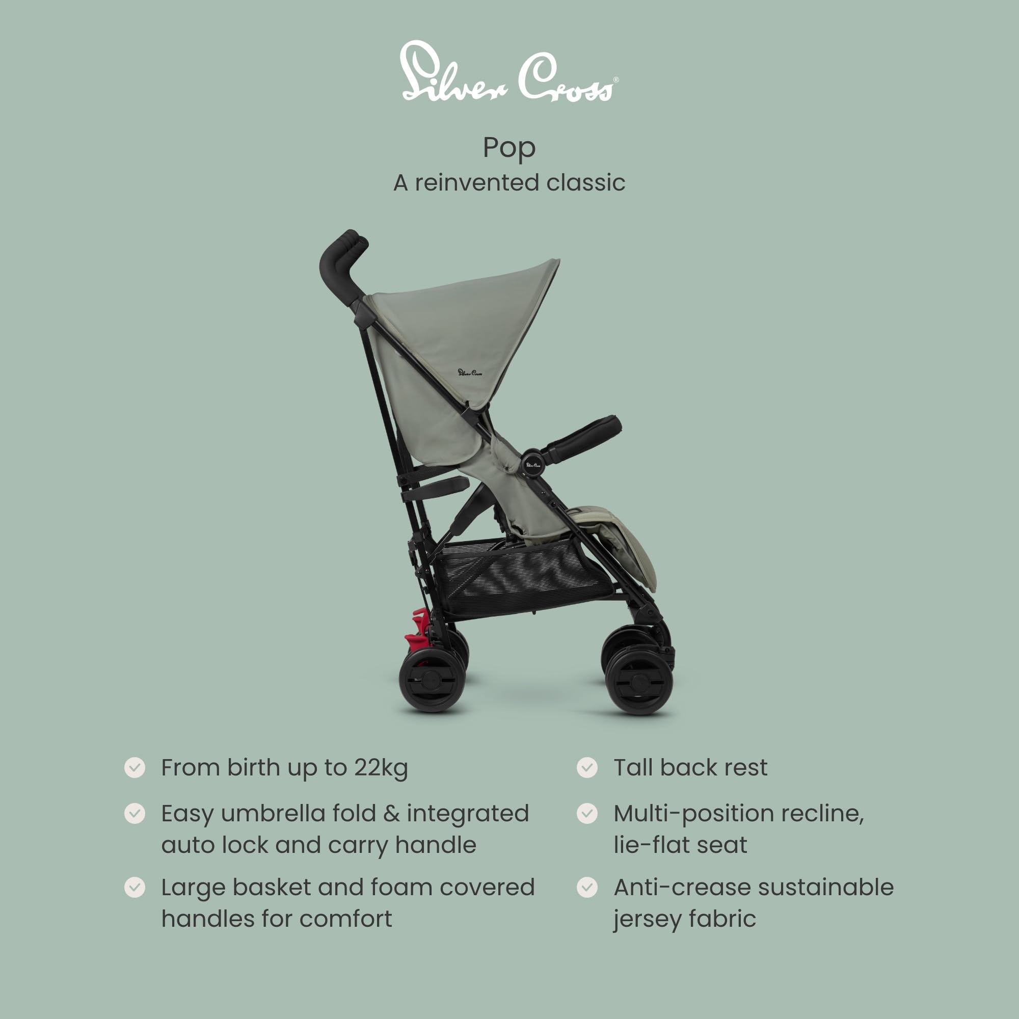 Silver Cross Pop 2 Pushchair, Foldable Travel Stroller, Adjustable/Lie Flat Seat, Newborn to 4 Years, Sage