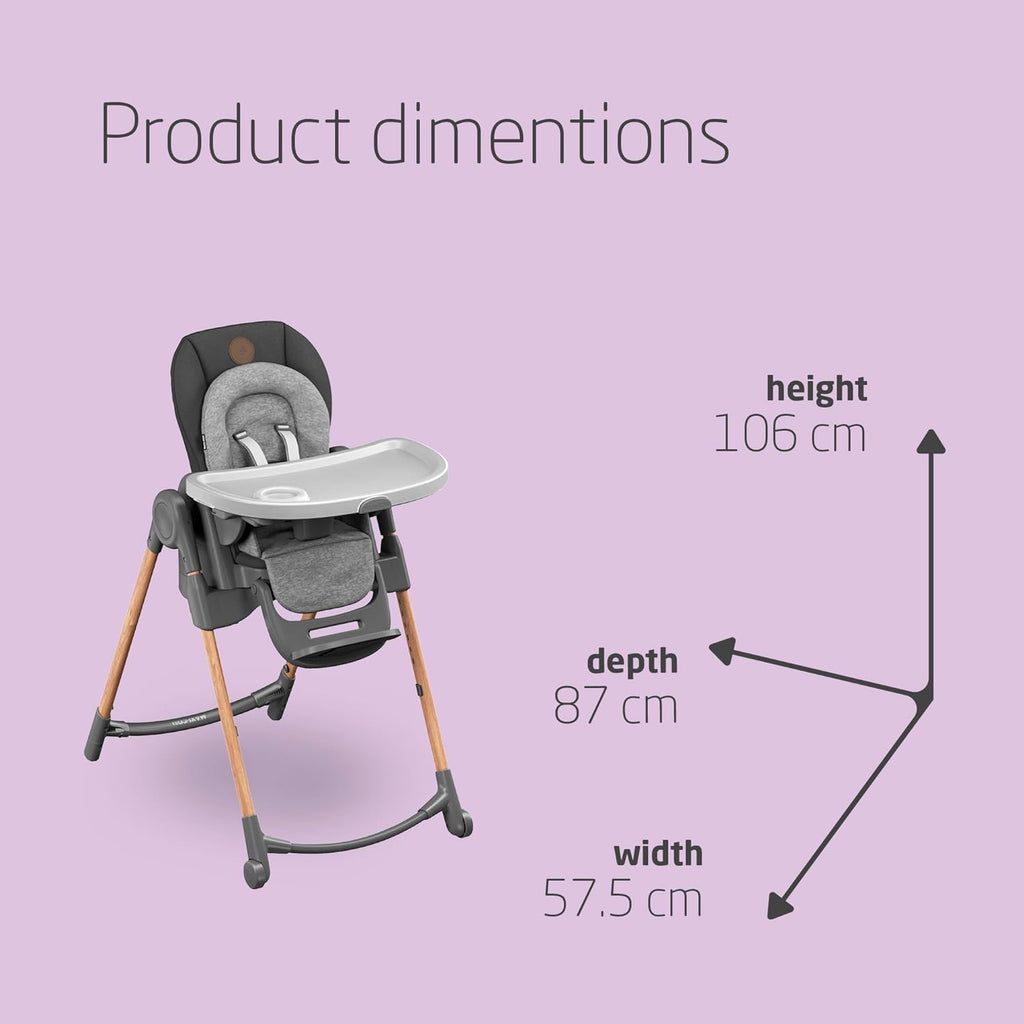 Maxi-Cosi Minla Evolutive Highchair, 0–14 Years, up to 60 kg, Baby High Chair, 9 Height Options, 5 Recline and 4 Tray Positions, Compact Fold, Adjustable Footrest, Essential Graphite