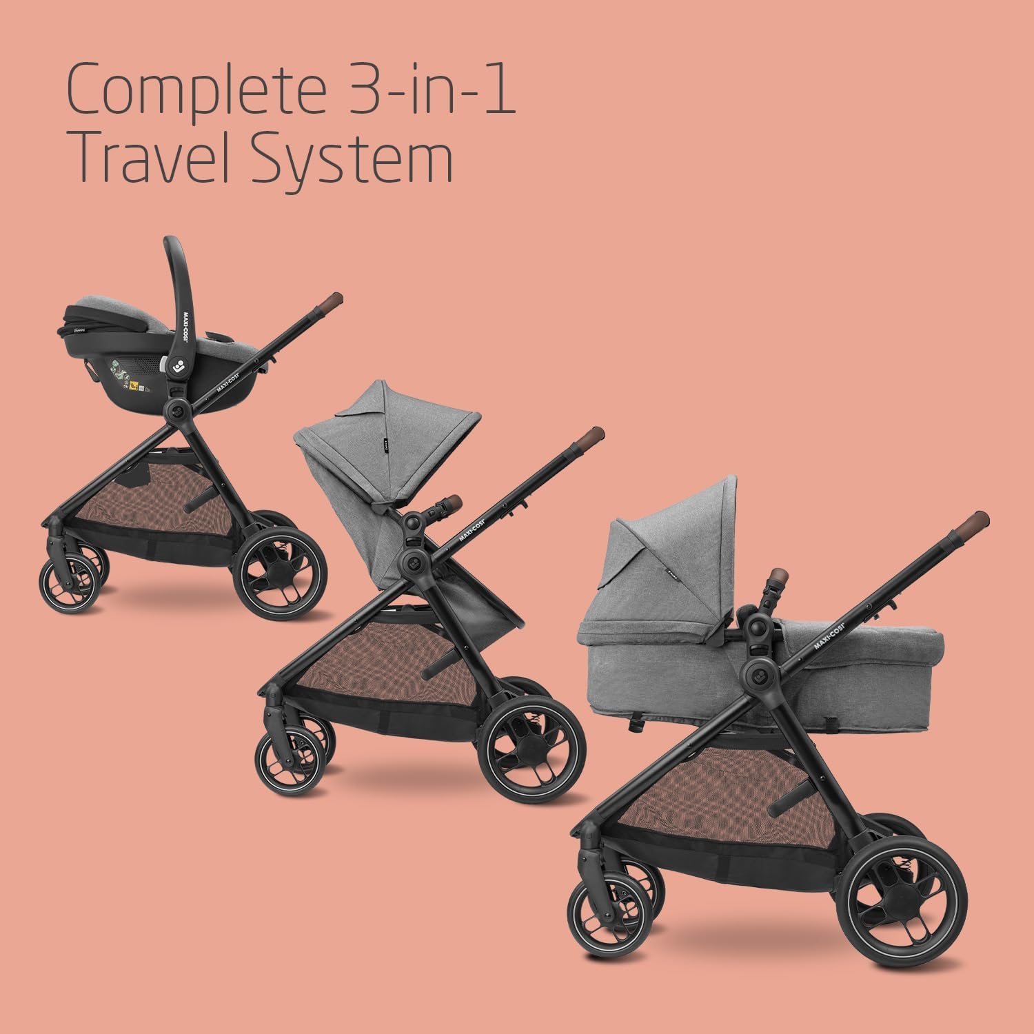 Maxi-Cosi Zelia S Trio 3-in-1 Travel System, 0-4 Years, Up to 22kg, Foldable, Compact, Reclining Pushchair, CabrioFix S i-Size Car Seat, Accessories, Grey