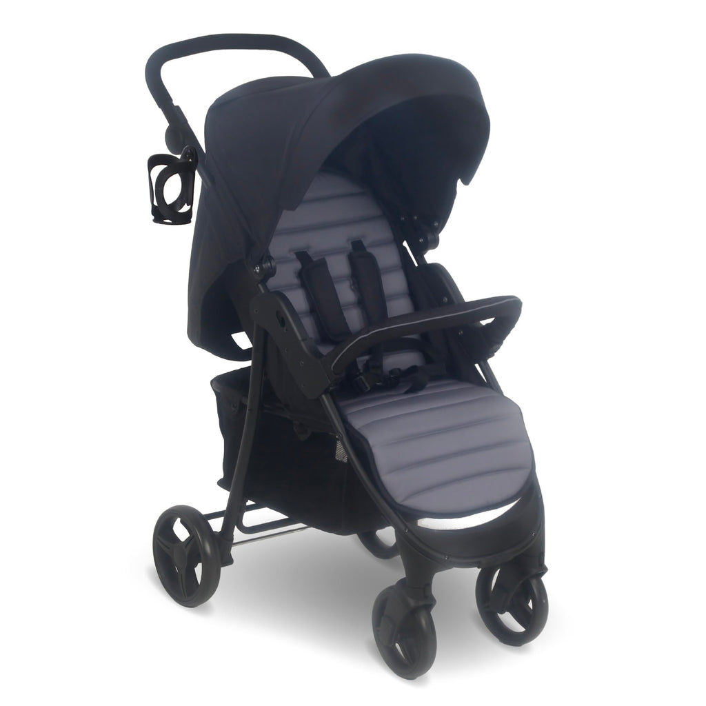 My Babiie MB30 Pushchair, From Birth to 4 Years, 22kg, Compact Fold, Large Basket, Adjustable Handle, Includes Cup Holder & Rain Cover, Black & Grey