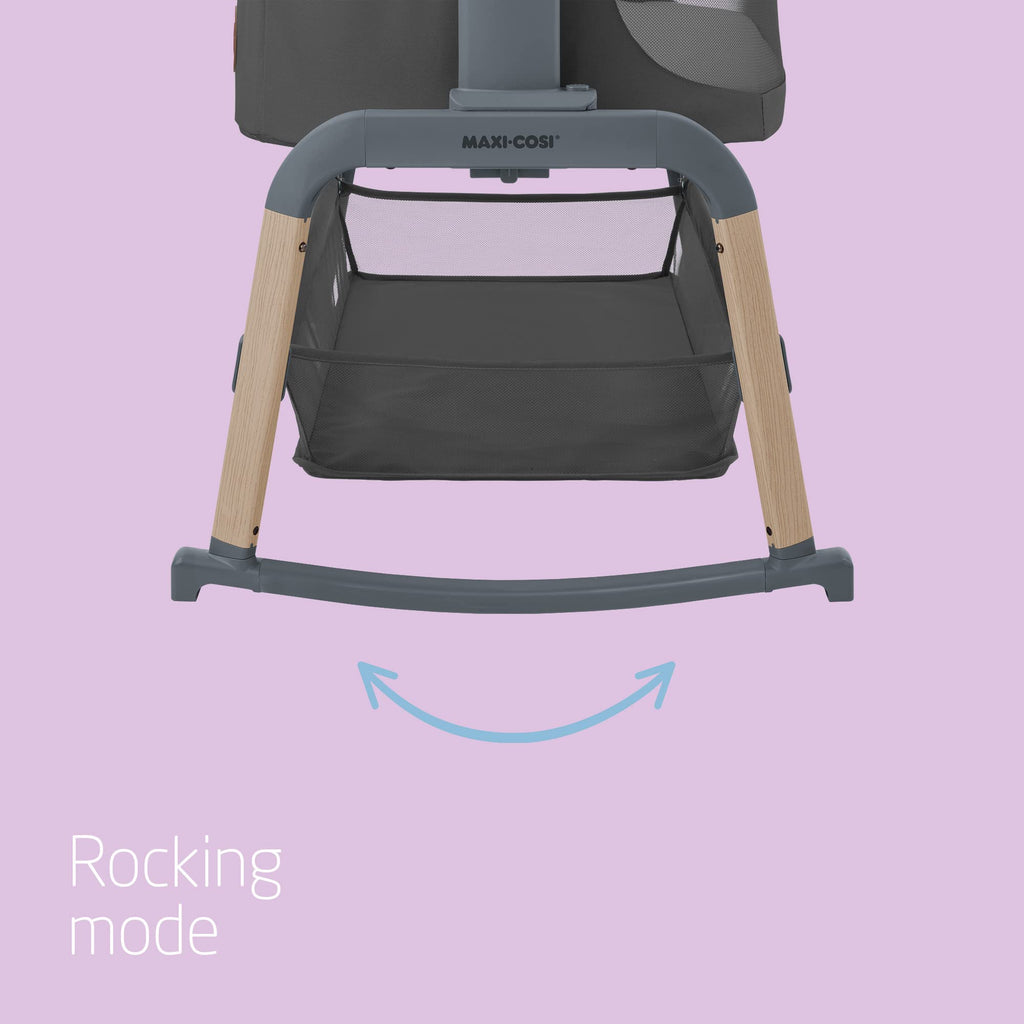 Maxi-Cosi Iora Air Co Sleeper Crib, All-Round Mesh Baby Bedside Crib, 0–6 Months (9 kg), Rocking Mode, 4 Incline & 5 Height Positions, Easy Slide, Easy to Carry, Eco Care, 2 Wheels, Beyond Graphite