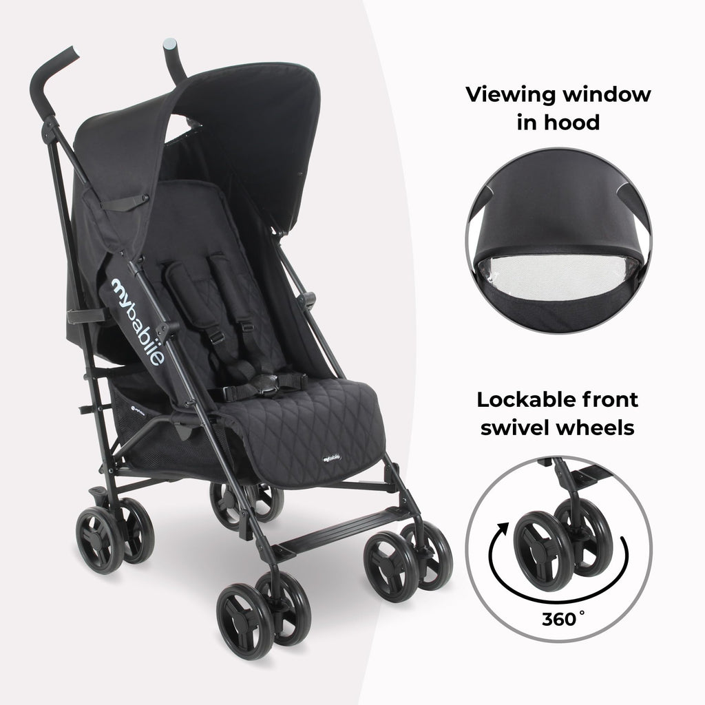My Babiie MB01 Stroller, From Birth to 4 Years, 22kg, Lightweight & Compact, Umbrella Fold, Travel Buggy, Black