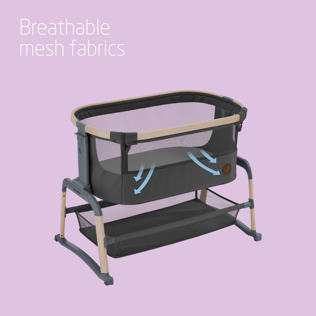 Maxi-Cosi Iora Air Co Sleeper Crib, All-Round Mesh Baby Bedside Crib, 0–6 Months (9 kg), Rocking Mode, 4 Incline & 5 Height Positions, Easy Slide, Easy to Carry, Eco Care, 2 Wheels, Beyond Graphite