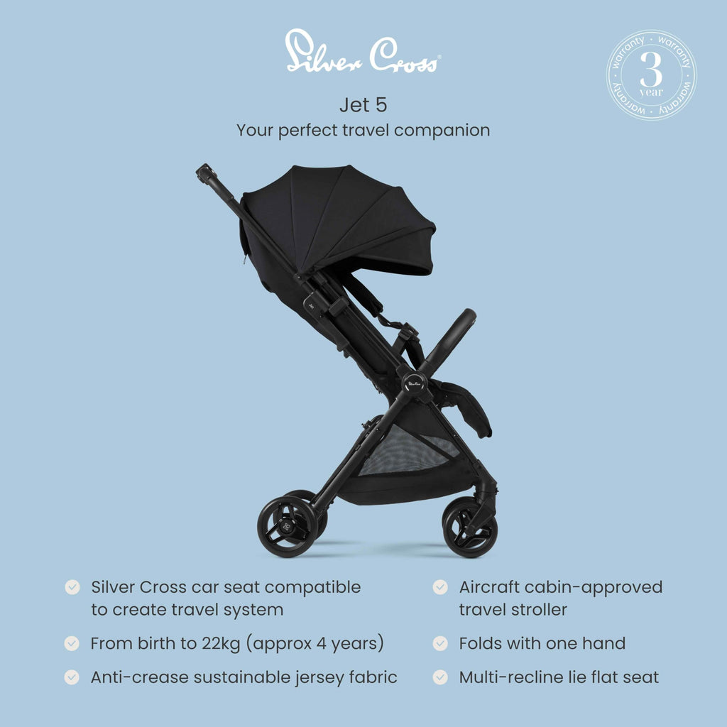 Silver Cross Jet 5 Compact Pushchair, Foldable & Lightweight, Travel System, Cabin Size, Car Seat Compatible, Newborn to 4 Years, Space
