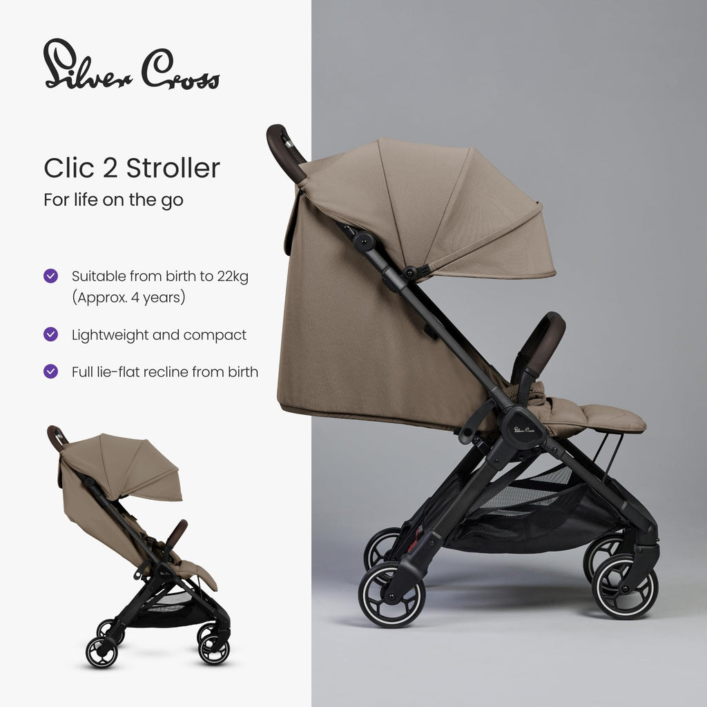 Silver Cross Clic 2 Compact Stroller & Travel Bag, Foldable & Lightweight, From Birth to 4 Years, Cobble