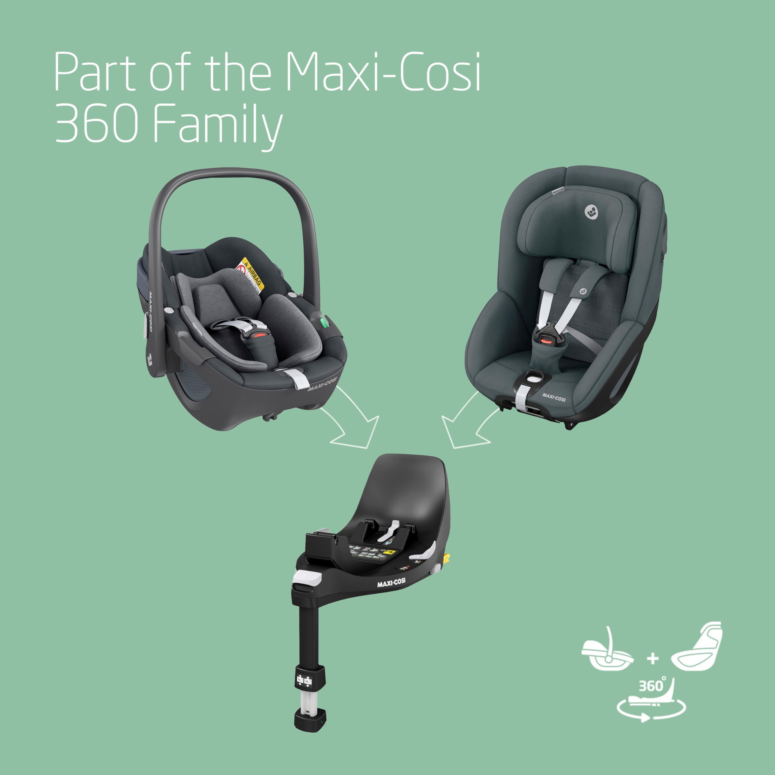 Maxi-Cosi Pearl 360 i-Size, Baby Car Seat, 3 months-4 years (61-105 cm), 360 Car Seat swivel, One-Hand Rotation, ClimaFlow, Easy-In Harness, G-CELL Side Impact Protection, Authentic Graphite