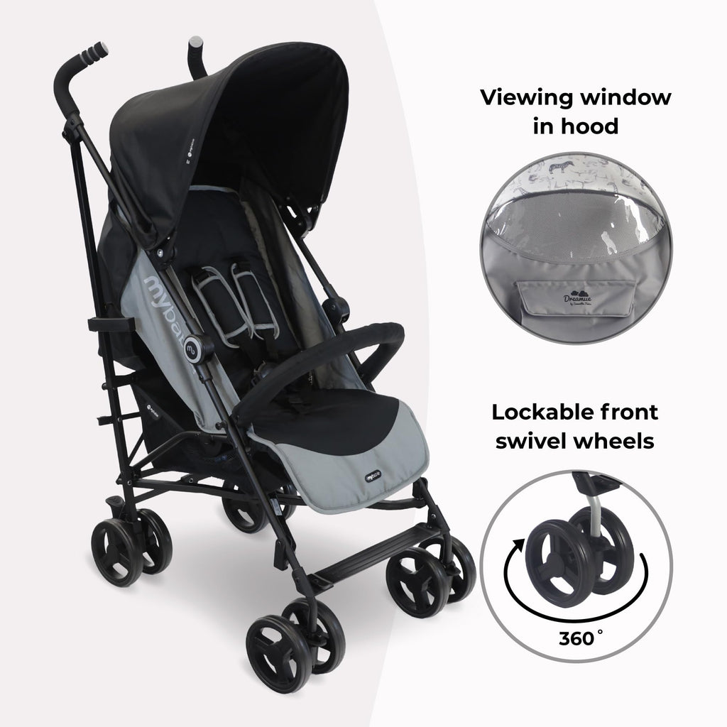 My Babiie MB02 Stroller, From Birth to 4 Years, 22kg, Lightweight & Compact, Umbrella Fold, Travel Buggy, Black & Grey