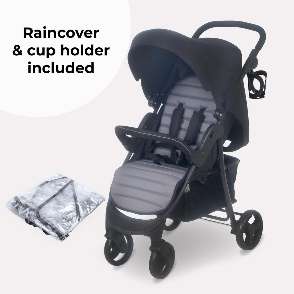 My Babiie MB30 Pushchair, From Birth to 4 Years, 22kg, Compact Fold, Large Basket, Adjustable Handle, Includes Cup Holder & Rain Cover, Black & Grey