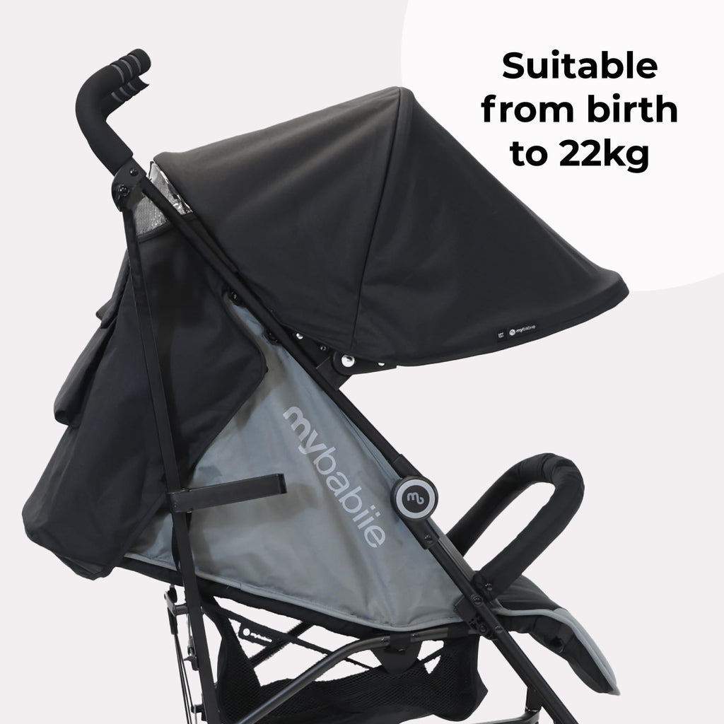 My Babiie MB02 Stroller, From Birth to 4 Years, 22kg, Lightweight & Compact, Umbrella Fold, Travel Buggy, Black & Grey