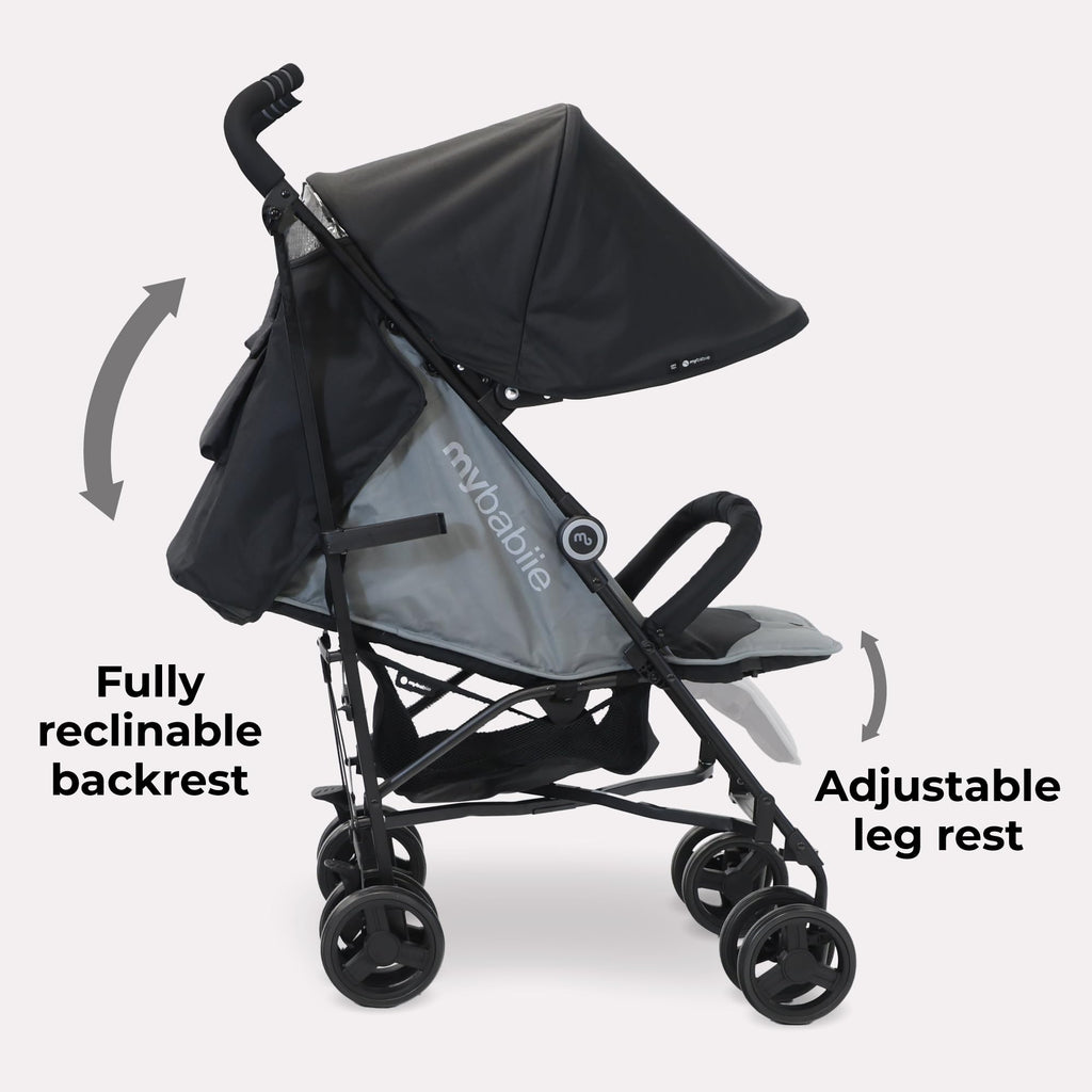 My Babiie MB02 Stroller, From Birth to 4 Years, 22kg, Lightweight & Compact, Umbrella Fold, Travel Buggy, Black & Grey