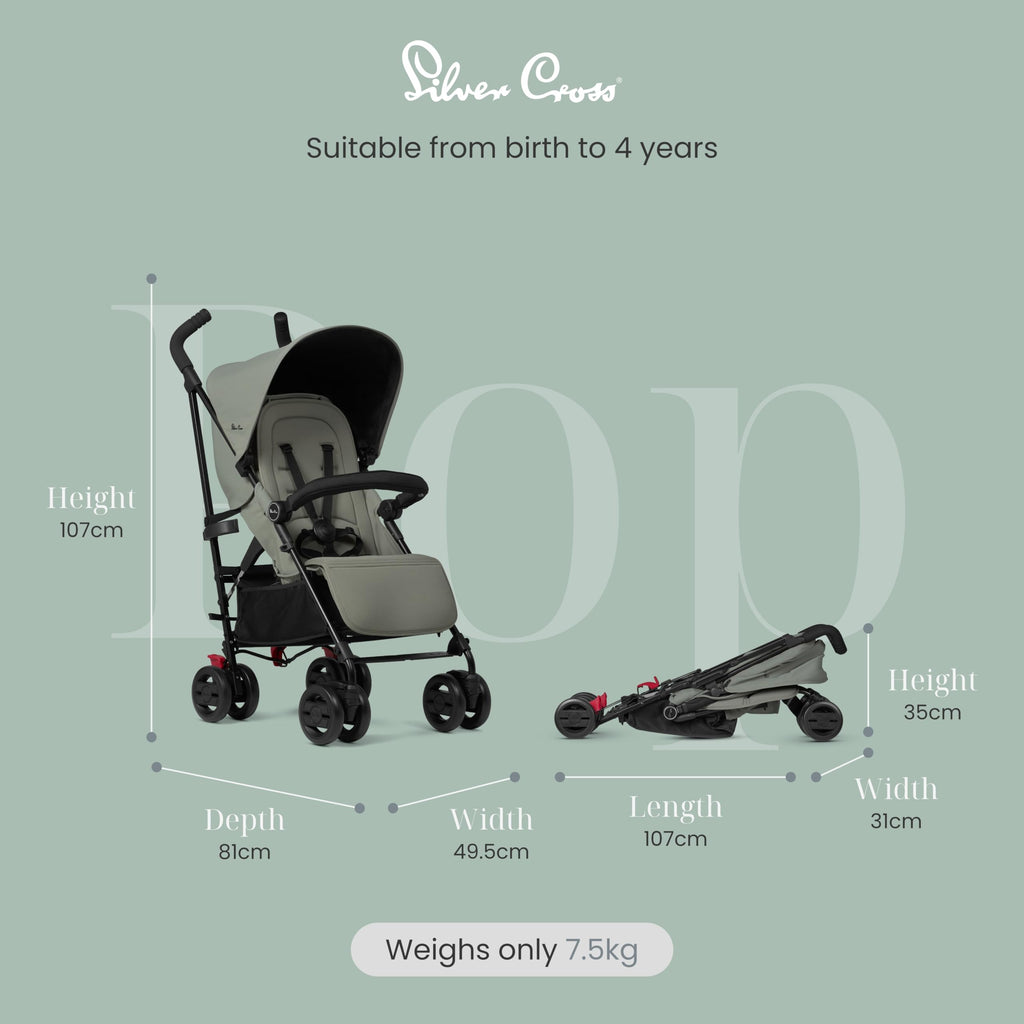 Silver Cross Pop 2 Pushchair, Foldable Travel Stroller, Adjustable/Lie Flat Seat, Newborn to 4 Years, Sage
