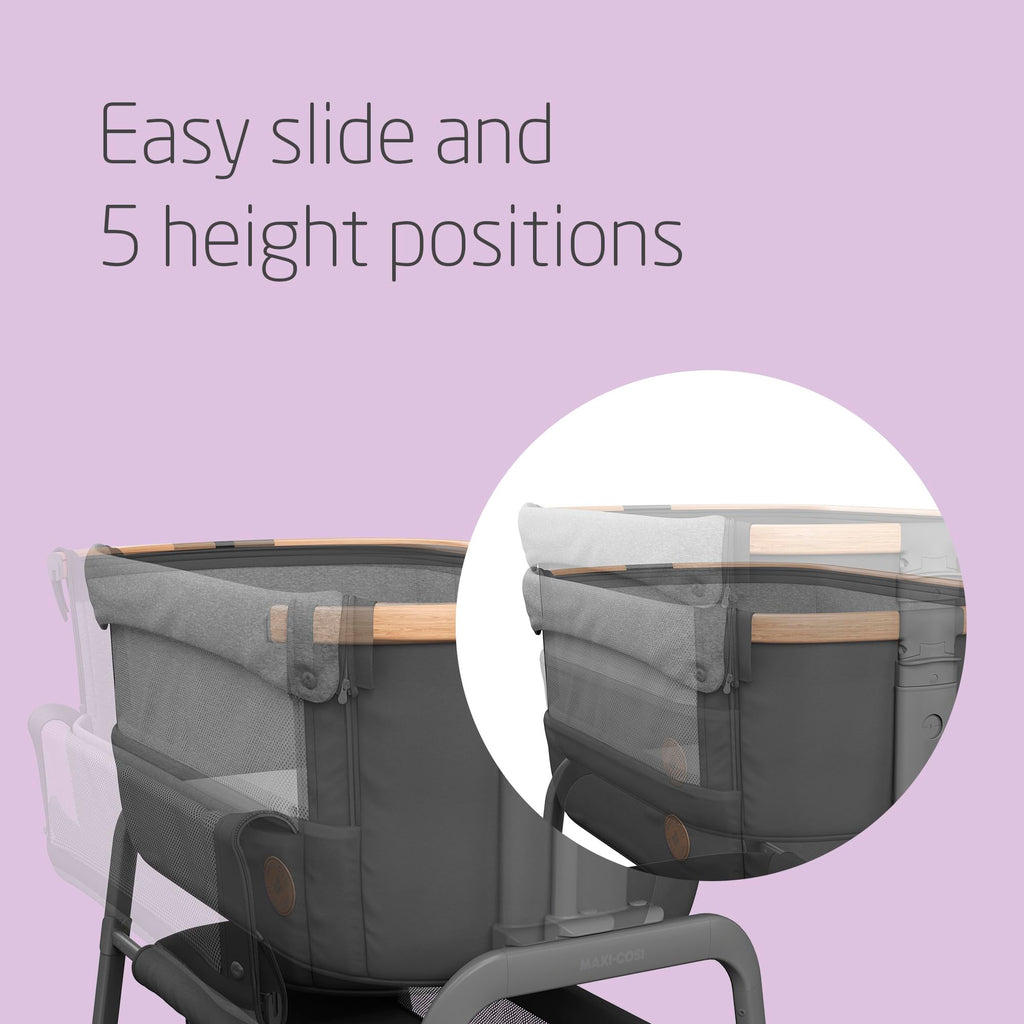 Maxi-Cosi Iora Co-Sleeper Crib, Foldable Baby Bedside Crib, 0–6 Months, max 9 kg, 4 Incline & 5 Height Positions, Easy Slide, Comfortable Mattress, Large Basket, Easy to Carry, Essential Graphite