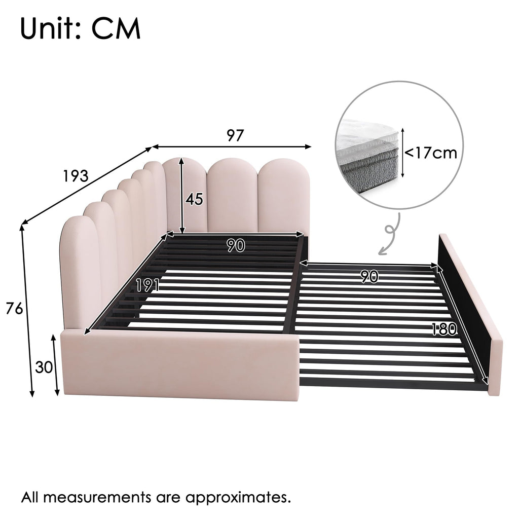 MOBETTRES Upholstered Daybed with Pull-Out Bed, 3FT Single Sofa Bed 90x190cm, Guest Bed for Adults & Kids, Metal Slatted Frame, Velvet, Pink (No Mattress)