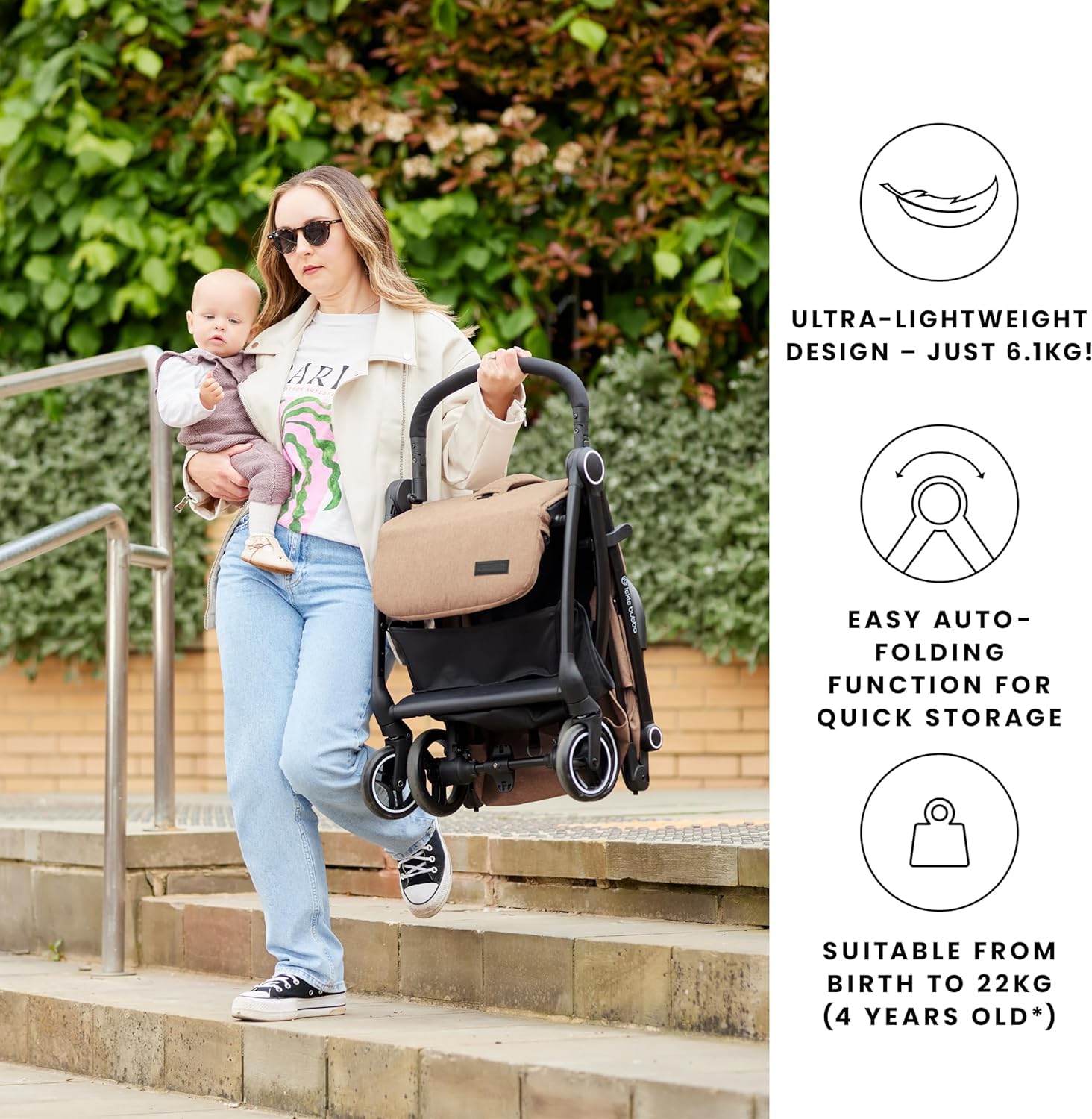 Ickle Bubba Aries Autofold Stroller, Multi-Position Recline, Auto-Fold, From Birth to 22kg, UPF 50+ Hood, Spacious Basket, Black