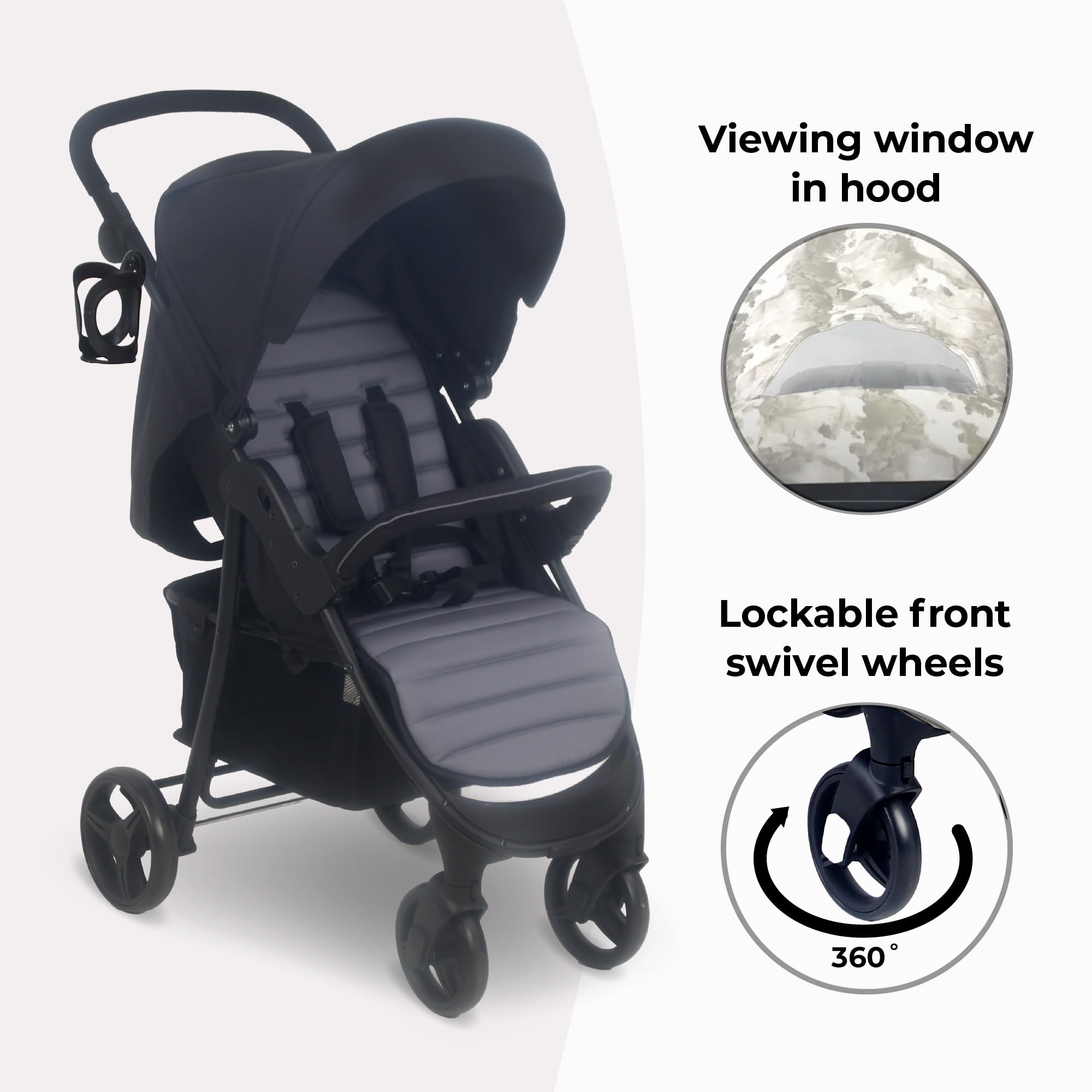 My Babiie MB30 Pushchair, From Birth to 4 Years, 22kg, Compact Fold, Large Basket, Adjustable Handle, Includes Cup Holder & Rain Cover, Black & Grey