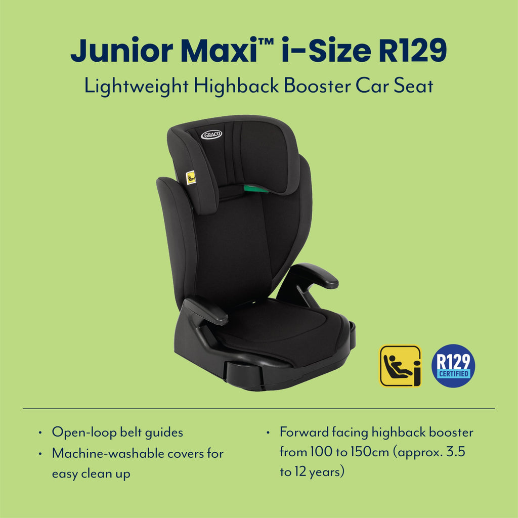 Graco Junior Maxi i-Size R129 Highback Booster car seat with cupholders, Suitable from 100-150cm (approx. 3.5 to 12 years), Midnight fashion