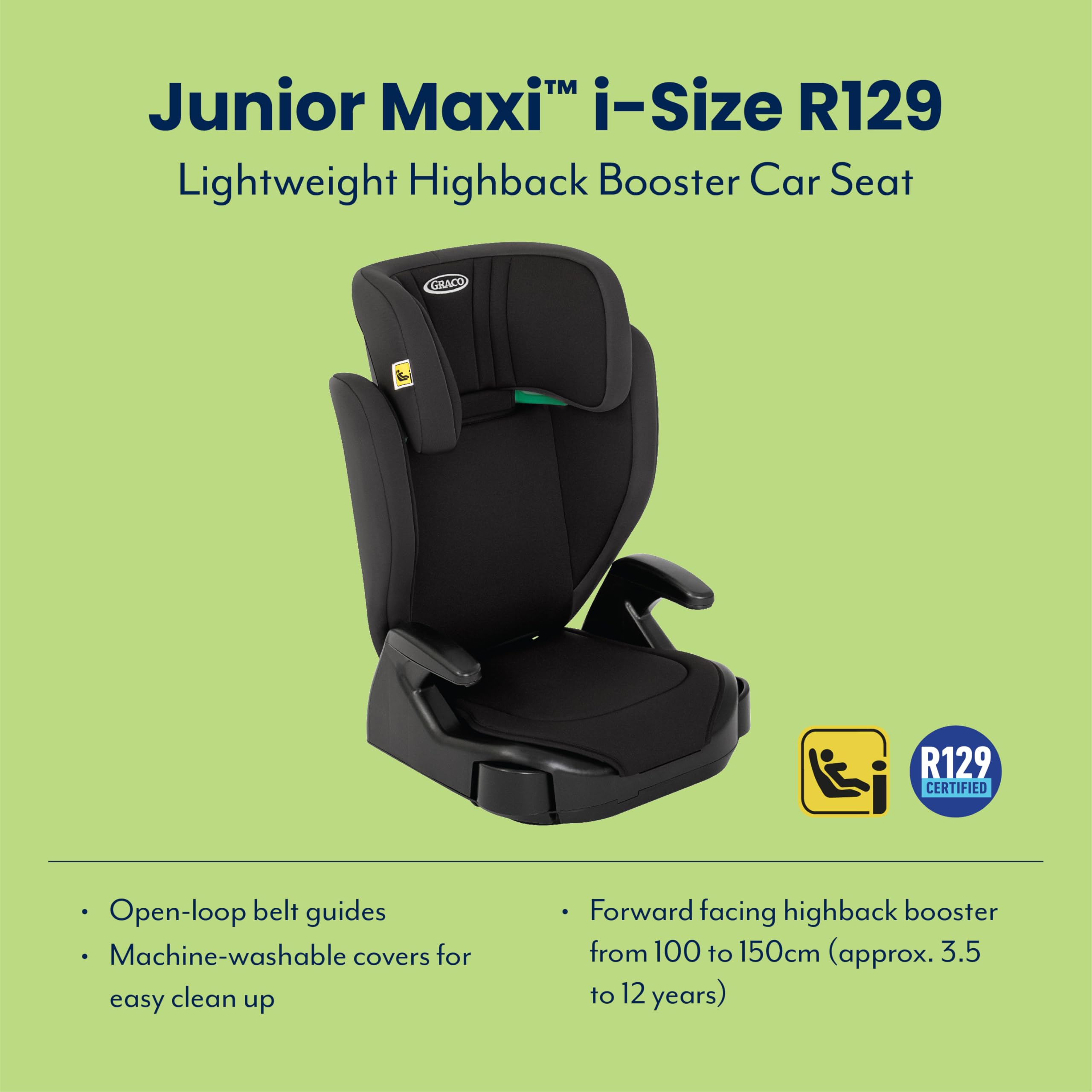 Graco Junior Maxi i-Size R129 Highback Booster car seat with cupholders, Suitable from 100-150cm (approx. 3.5 to 12 years), Midnight fashion