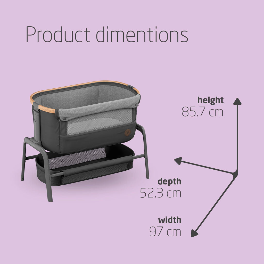 Maxi-Cosi Iora Co-Sleeper Crib, Foldable Baby Bedside Crib, 0–6 Months, max 9 kg, 4 Incline & 5 Height Positions, Easy Slide, Comfortable Mattress, Large Basket, Easy to Carry, Essential Graphite