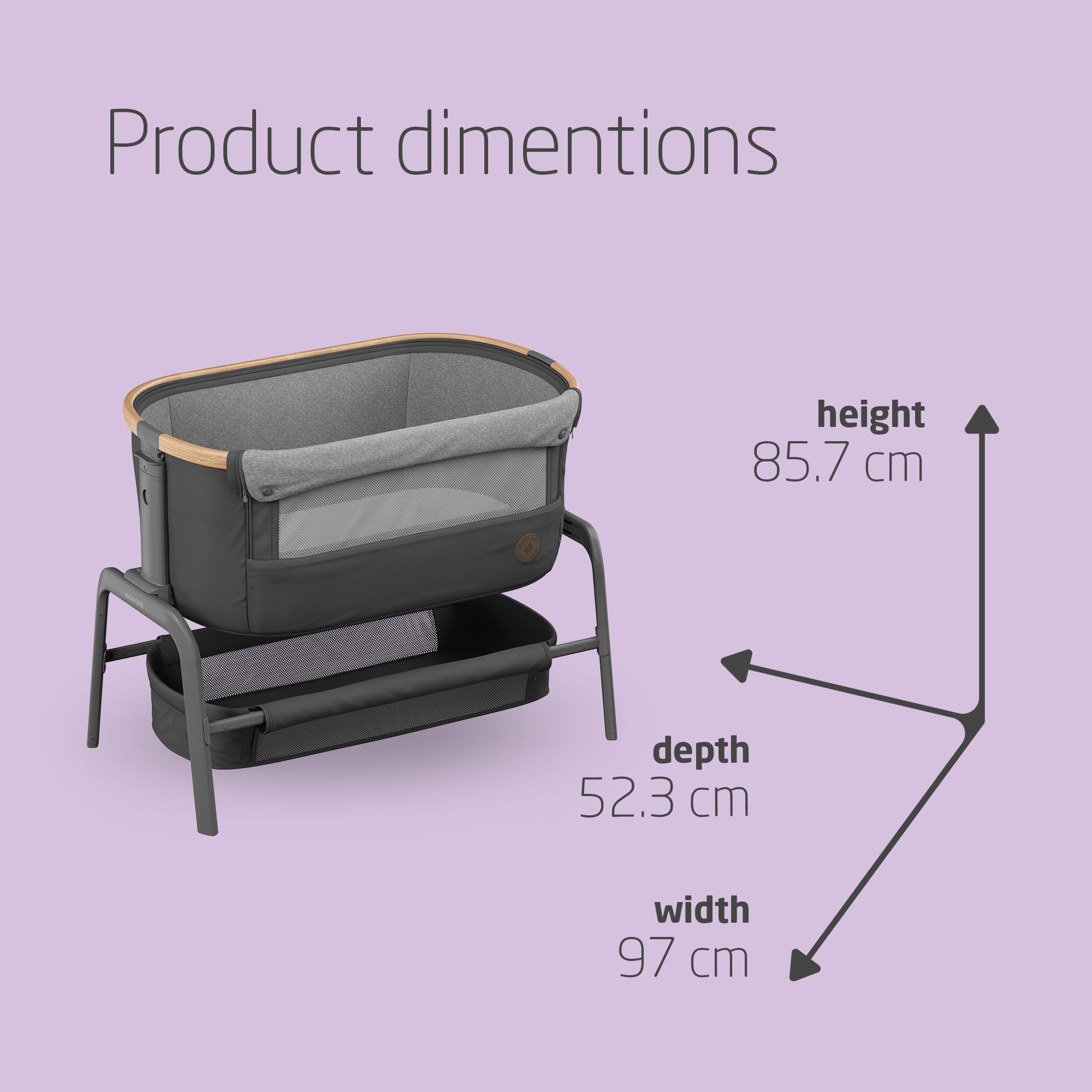 Maxi-Cosi Iora Co-Sleeper Crib, Foldable Baby Bedside Crib, 0–6 Months, max 9 kg, 4 Incline & 5 Height Positions, Easy Slide, Comfortable Mattress, Large Basket, Easy to Carry, Essential Graphite