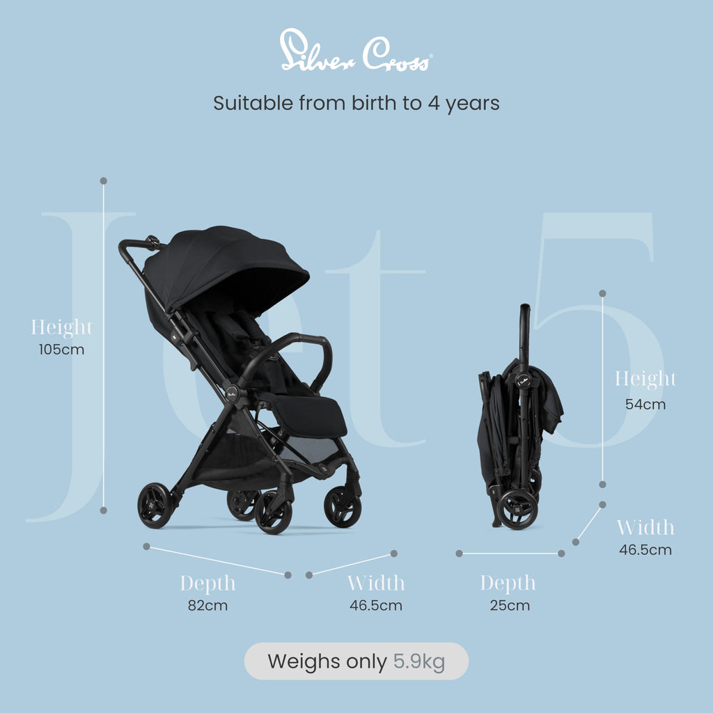 Silver Cross Jet 5 Compact Pushchair, Foldable & Lightweight, Travel System, Cabin Size, Car Seat Compatible, Newborn to 4 Years, Space