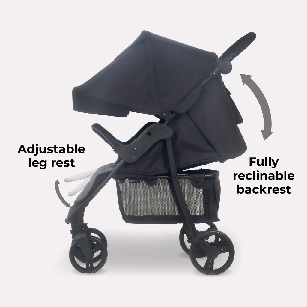 My Babiie MB30 Pushchair, From Birth to 4 Years, 22kg, Compact Fold, Large Basket, Adjustable Handle, Includes Cup Holder & Rain Cover, Black & Grey