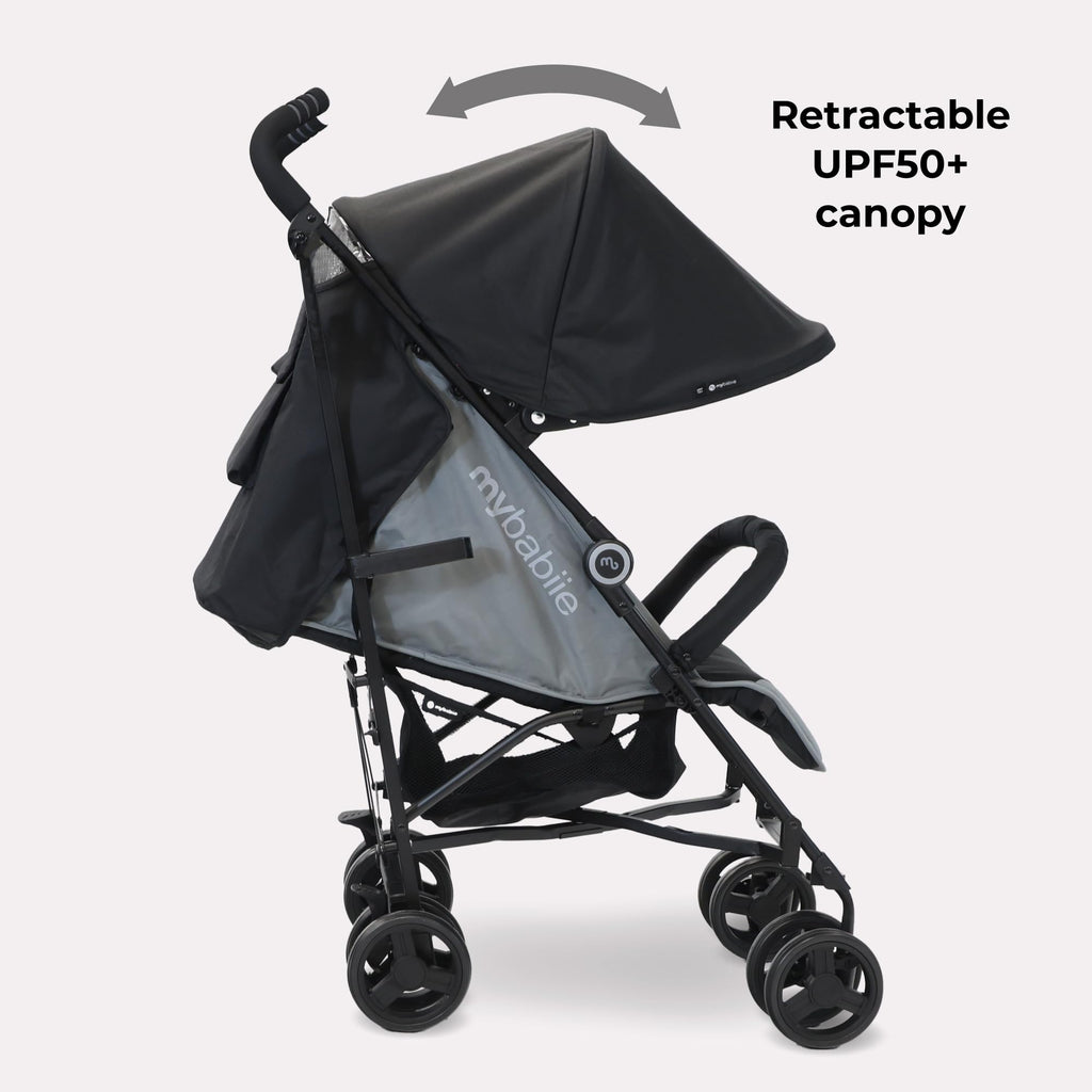 My Babiie MB02 Stroller, From Birth to 4 Years, 22kg, Lightweight & Compact, Umbrella Fold, Travel Buggy, Black & Grey