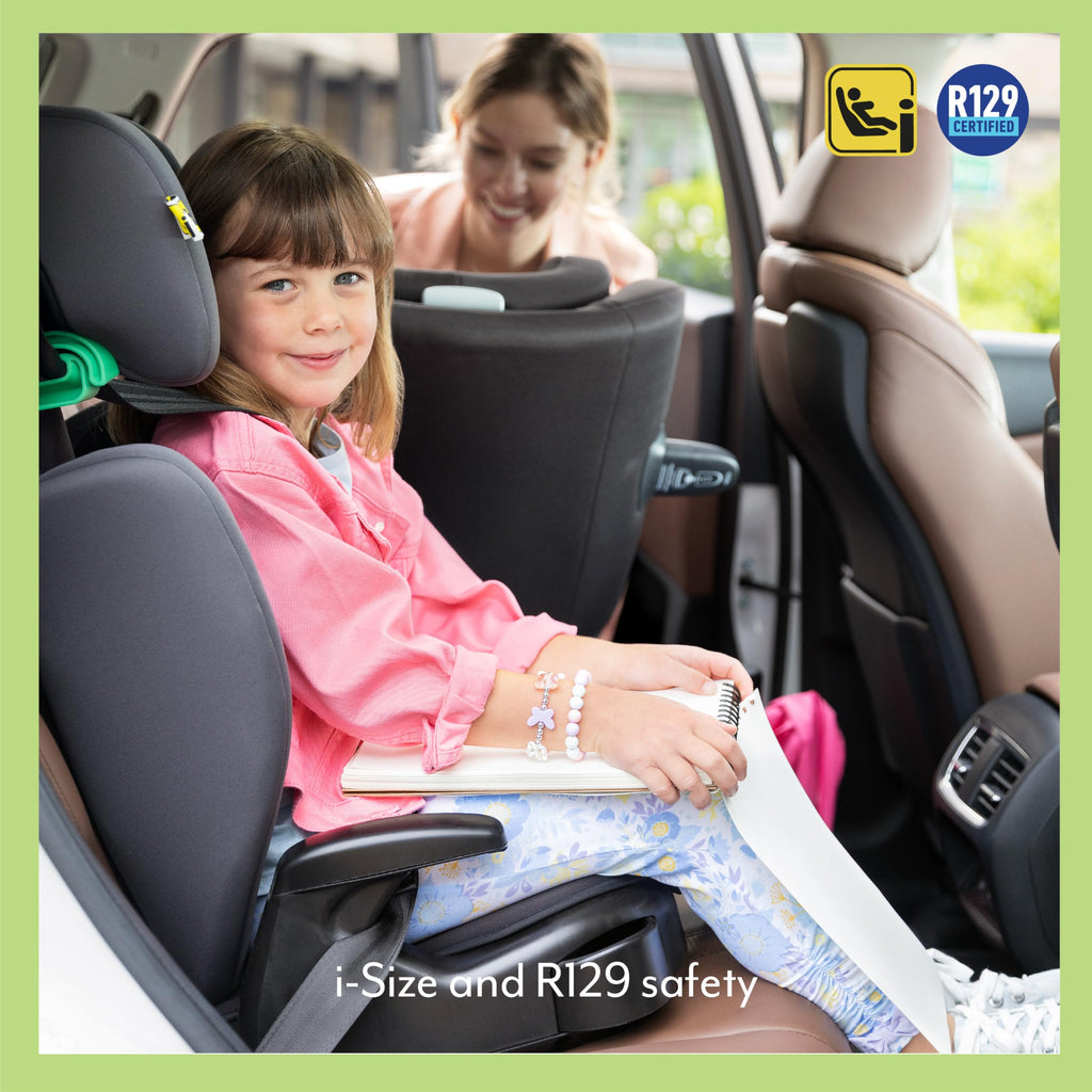 Graco Junior Maxi i-Size R129 Highback Booster car seat with cupholders, Suitable from 100-150cm (approx. 3.5 to 12 years), Midnight fashion