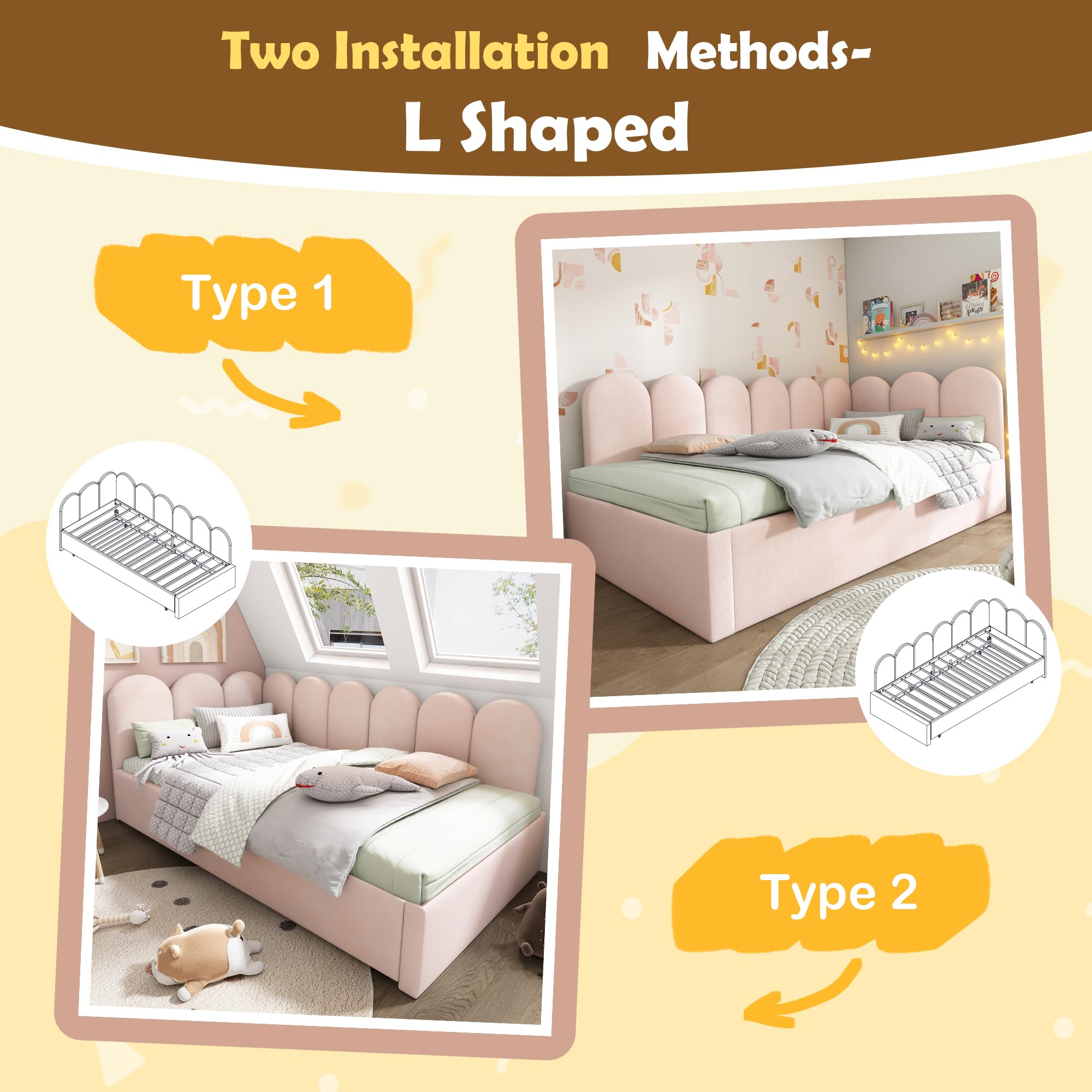 MOBETTRES Upholstered Daybed with Pull-Out Bed, 3FT Single Sofa Bed 90x190cm, Guest Bed for Adults & Kids, Metal Slatted Frame, Velvet, Pink (No Mattress)