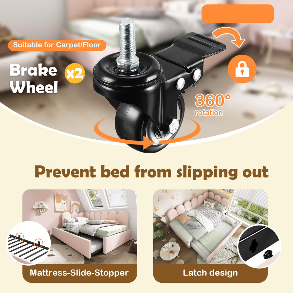 MOBETTRES Upholstered Daybed with Pull-Out Bed, 3FT Single Sofa Bed 90x190cm, Guest Bed for Adults & Kids, Metal Slatted Frame, Velvet, Pink (No Mattress)