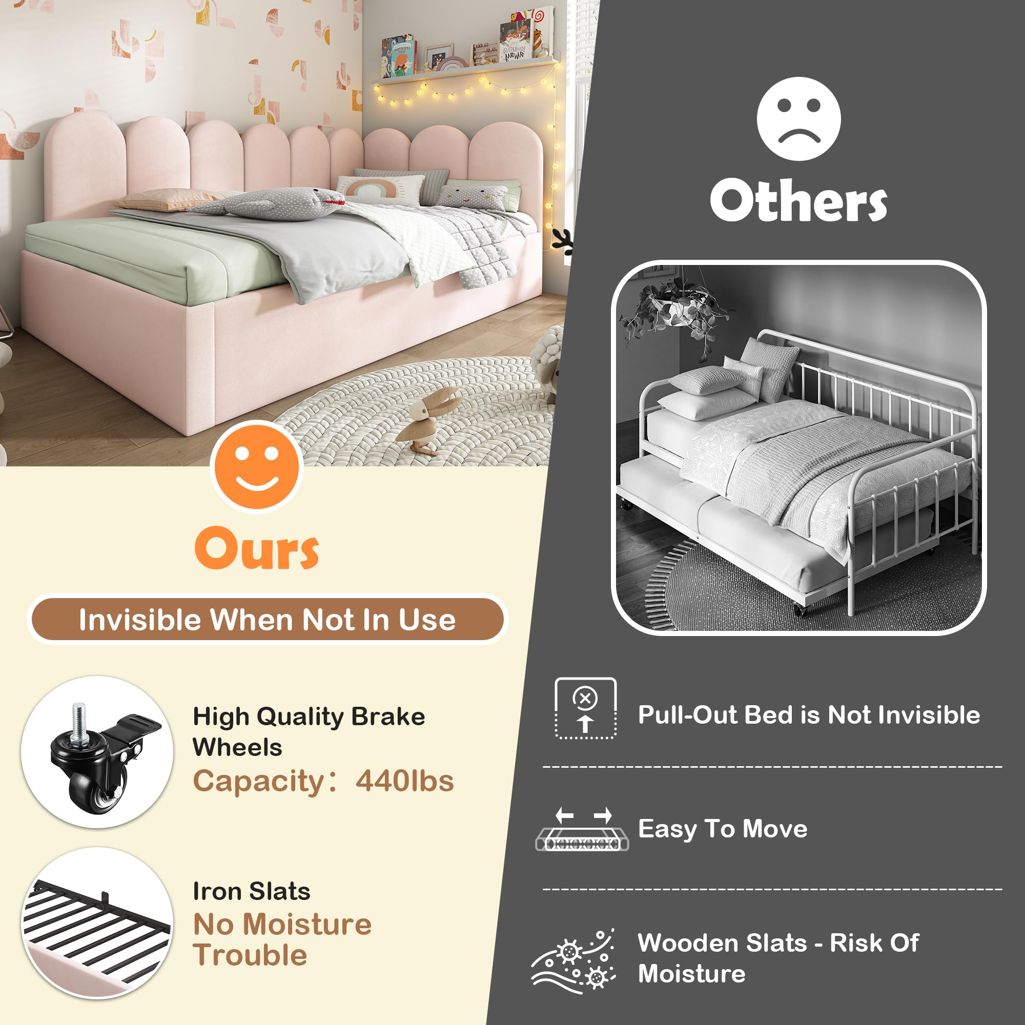 MOBETTRES Upholstered Daybed with Pull-Out Bed, 3FT Single Sofa Bed 90x190cm, Guest Bed for Adults & Kids, Metal Slatted Frame, Velvet, Pink (No Mattress)