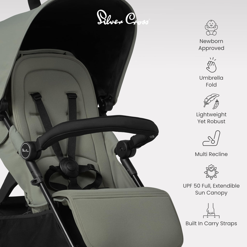 Silver Cross Pop 2 Pushchair, Foldable Travel Stroller, Adjustable/Lie Flat Seat, Newborn to 4 Years, Sage